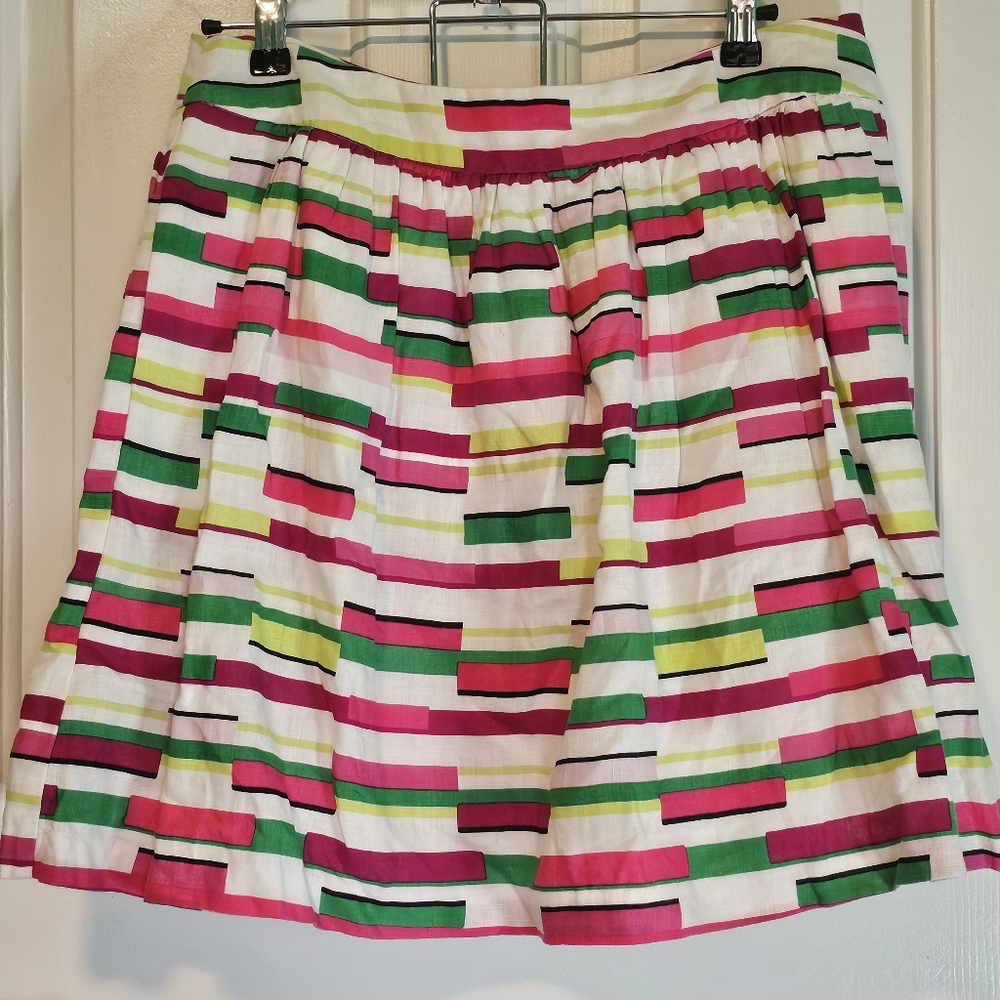Kaari Blue Linen Color Blocked Striped Skater Skirt Women's Sz 12